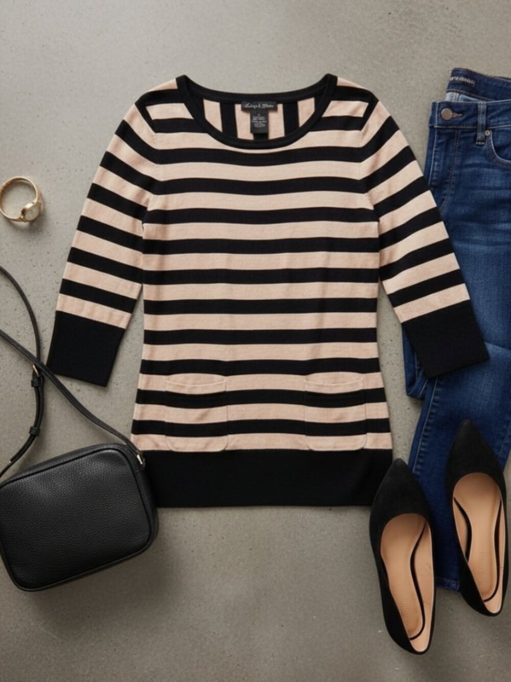 Audrey & Grace | Black & Tan Striped 3/4 Sleeve Top/Blouse with Pockets | Sz S